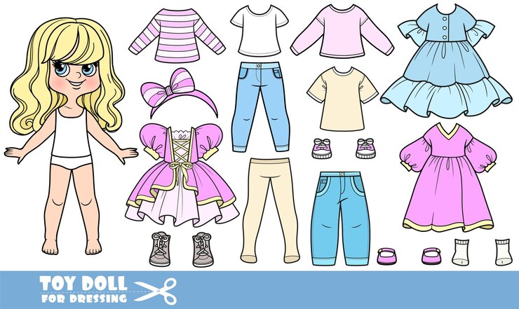 Vetor cartoon garota loira com cabelo ondulado e roupas separadamente guarda-roupa de verão com um vestido elegante