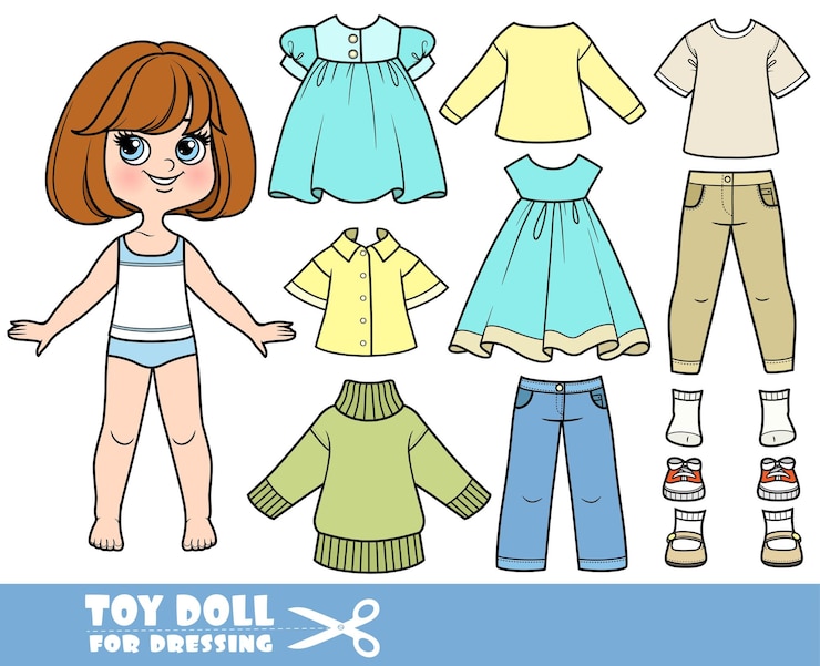 Vetor cartoon garota morena com bob curto e roupas separadamente mangas longas camisola quente vestidos casuais sandálias jeans e botas