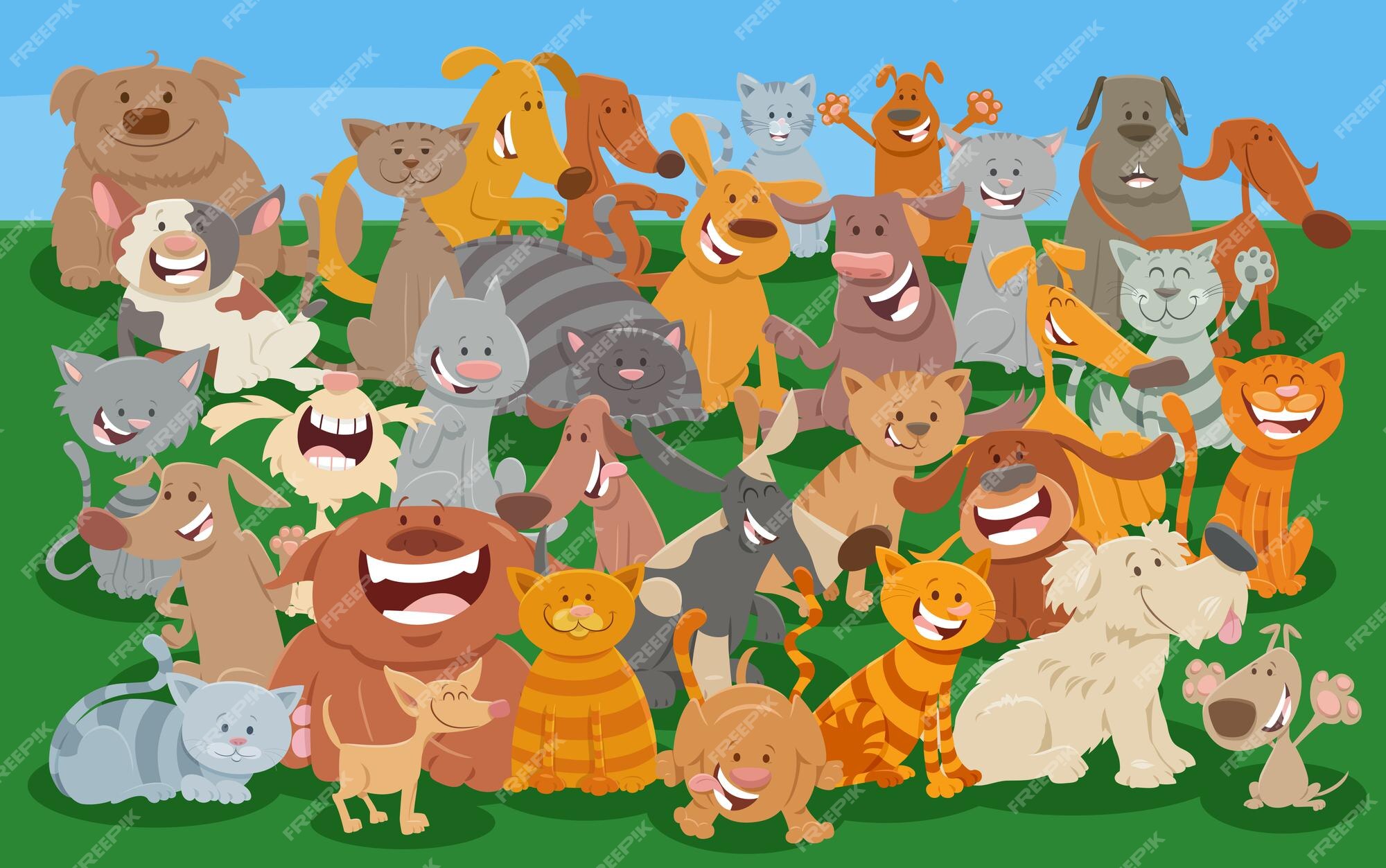 Desenhos animados cães e gatos grupo de personagens de animais em quadrinhos