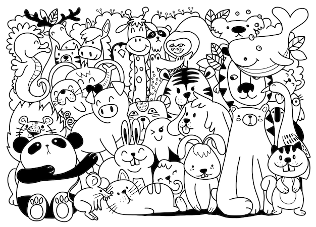 Cartoon grande conjunto de animais fofos doodle. perfeito para quarto de crianças de livro de bebê de aniversário cartão postal, ilustração para livro de colorir, cada um em uma camada separada.