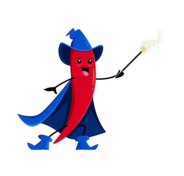 Vetor cartoon halloween vermelho pimenta quente feiticeiro ou mágico personagem vetor isolado ardente e mágico com uma habilidade para conjurar feitiços picantes e adicionar um toque de calor a qualquer aventura culinária