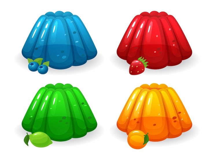 Vetor cartoon jelly doce mirtilo morango lima e pêssego gosto geléias colorido gelatina sobremesa isolado vetor ilustração conjunto de geléia doce multicolor