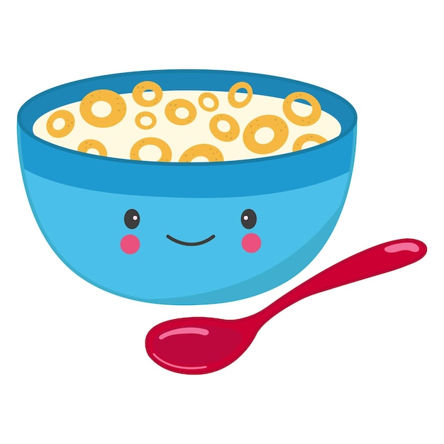 Cartoon kawaii vetor cereal com leite em uma tigela isolado em fundo transparente