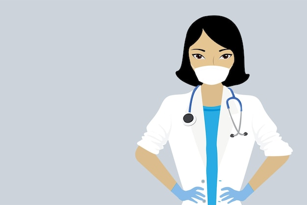 Cartoon médica ou enfermeira close-up Beleza médica asiática em máscara protetora uniforme