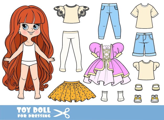 Cartoon menina de cabelos muito longos e roupas separadamente construtor de trajes de verão e roupas esportivas