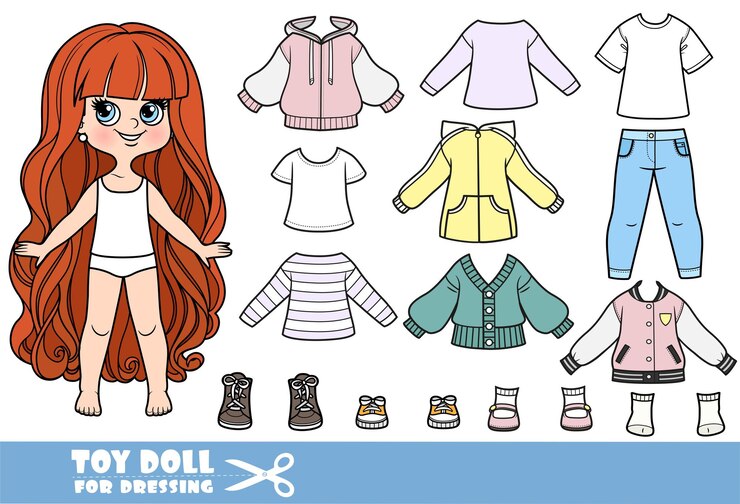 Vetor cartoon menina de cabelos muito longos e roupas separadamente primavera e outono construtor de trajes com jeans jaquetas e camisas