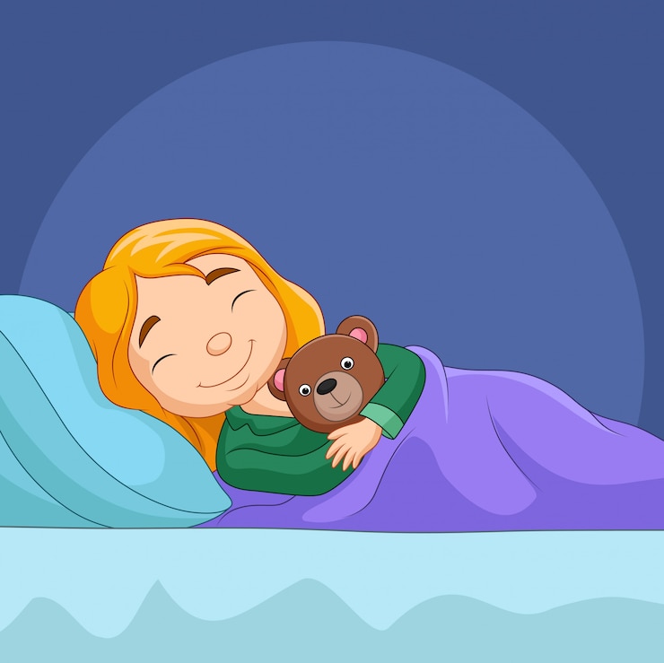Vetor cartoon menina dormindo com urso de pelúcia