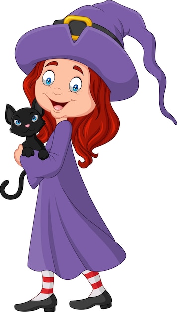 Vetor cartoon pequena bruxa segurando gato preto