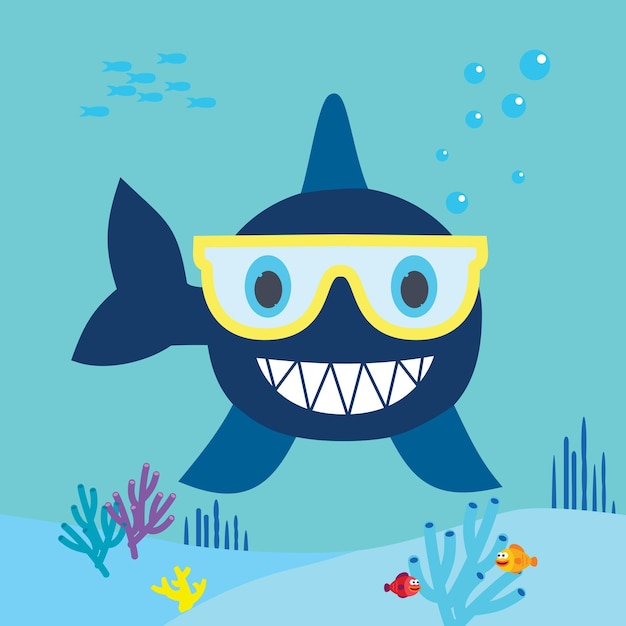 Vetor cartoon vetorial de tubarão bonito usando óculos