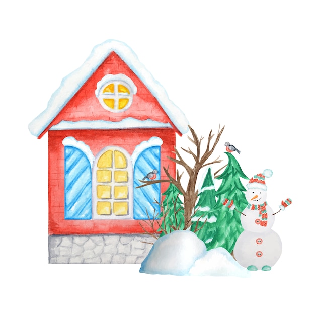 Cartoon winter house com casal de pássaros dom-fafe, boneco de neve, nevascas, árvore de natal.