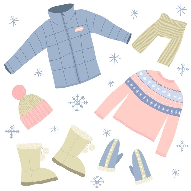 Vetor cartoon winter warm clothes signs icon set inclui chapéu lenço luva suéter e jaqueta ilustração vetorial de ícones