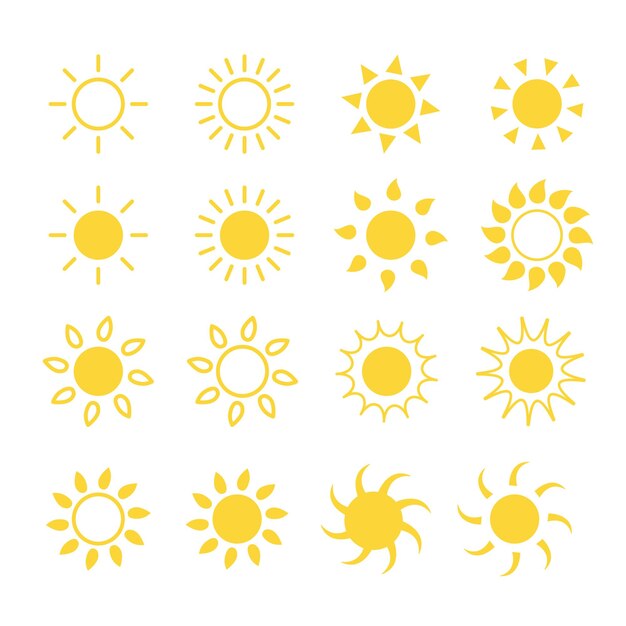 Cartoons vetoriais sol amarelo raios de luz brilhantes para aquecer o verão isolado em fundo branco