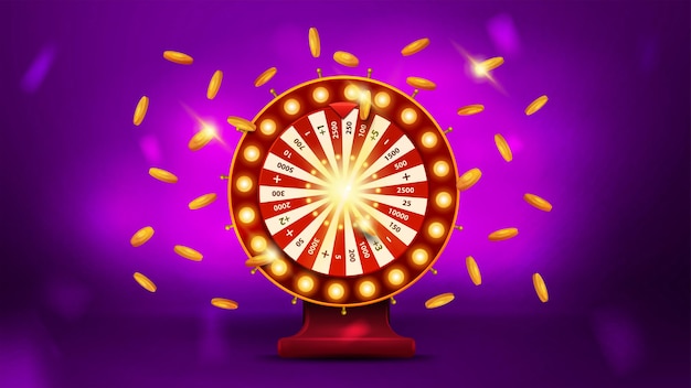 Cartum volumétrico casino wheel fortune com moedas de ouro ao redor sobre fundo desfocado roxo