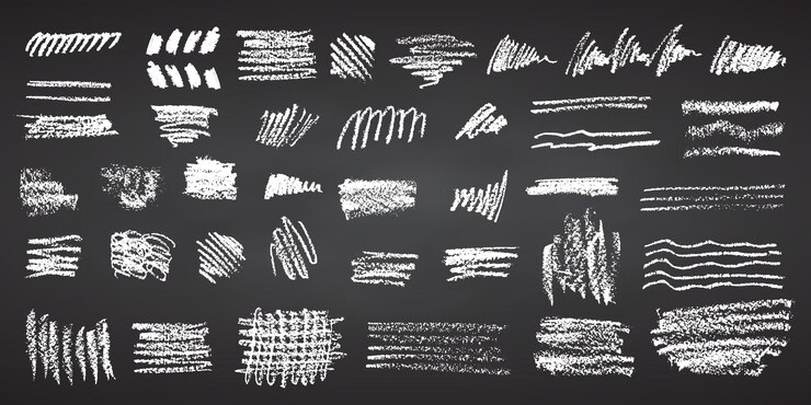 Vetor carvão lápis desenho à mão linhas enroladas salpicaduras rabiscos e formas elementos de giz branco quadro preto grunge giz lápis rabiscos texturas traços de lápis grosseiros ilustração vetorial
