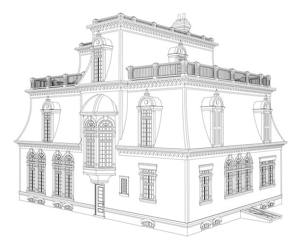 Casa antiga em estilo vitoriano. ilustração em fundo branco. ilustração a preto e branco em linhas de contorno. espécies de diferentes lados.