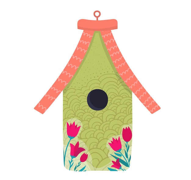 Vetor casa artesanal de pássaros decorativos para aves de caráter selvagem isoladas em ilustração vetorial de desenho animado branco caixa de nidificação azul aconchegante
