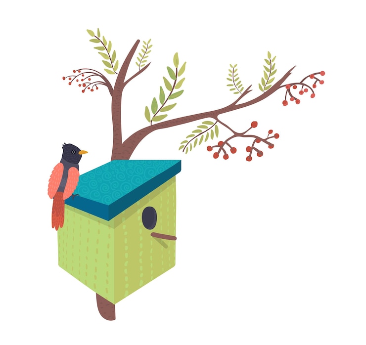 Vetor casa artesanal de pássaros decorativos para aves de caráter selvagem isoladas em ilustração vetorial de desenho animado branco caixa de nidificação azul aconchegante