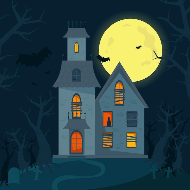 Casa assombrada assustadora, casa de terror de Halloween. Ilustração vetorial em estilo simples.