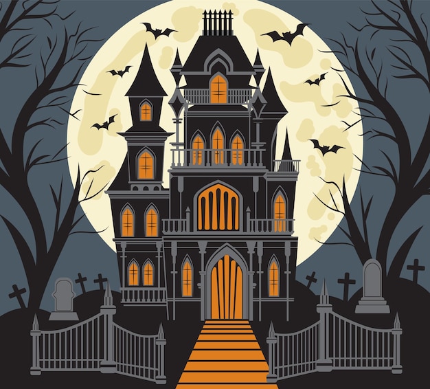 Casa assombrada contra uma ilustração vetorial de lua cheia para Halloween