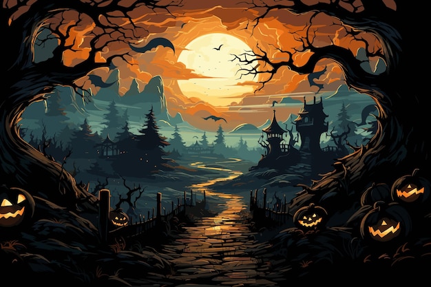 Vetor casa assombrada do castelo de halloween, gato preto e morcego na ilustração vetorial da noite de halloween