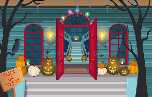 Vetor casa assustadora com escadas, fantasmas, portas, abóboras, halloween, ilustração vetorial, artoon, decoração