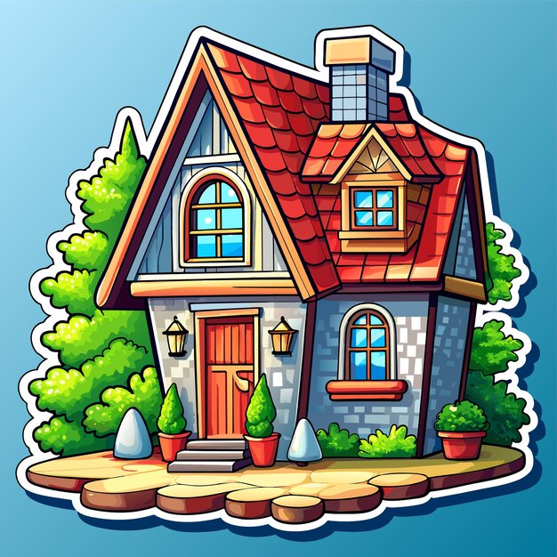 Vetor casa bonita, casa privada, casa exterior, residência, habitação, propriedade, conceito de ícone de adesivo desenhado à mão