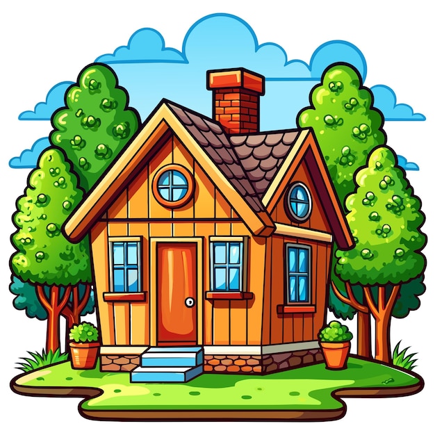 Vetor casa bonita, casa privada, casa exterior, residência, habitação, propriedade, conceito de ícone de adesivo desenhado à mão