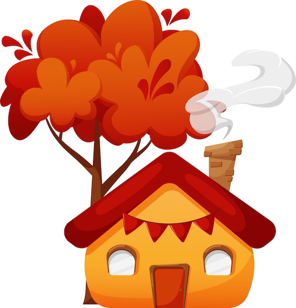 Casa bonita com chaminé de árvore de outono e fumaça isolada
