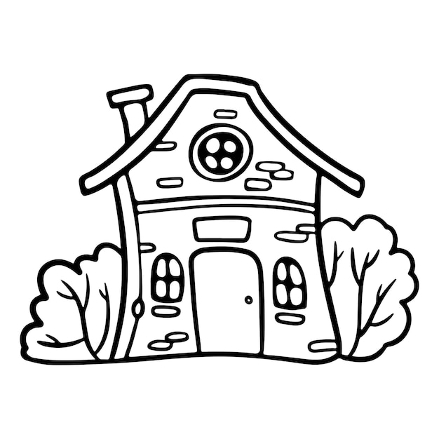 Casa bonita com estilo de desenho animado doodle de contorno de arbustos para livro de colorir Vetor Premium