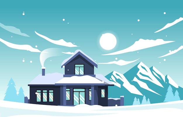 Casa casa na ilustração de inverno de outono de neve de montanha