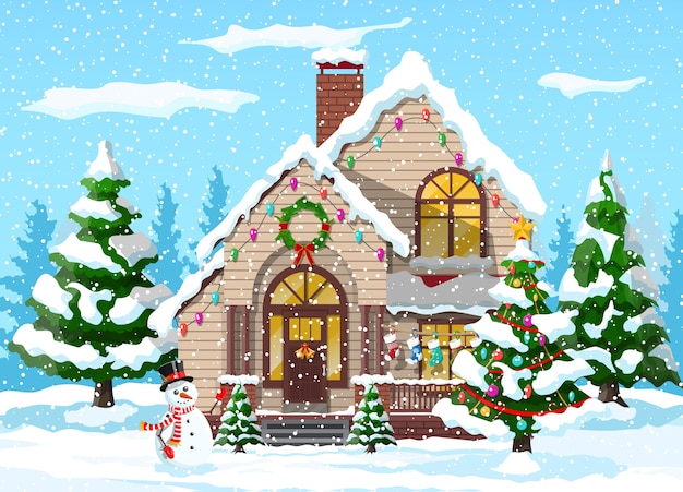 Casa coberta de neve com tema de natal