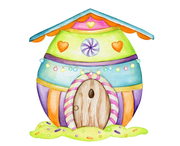 Casa colorida, em forma de ovo de páscoa. um elemento aquarela estilo desenho animado em um fundo isolado. para o feriado, páscoa