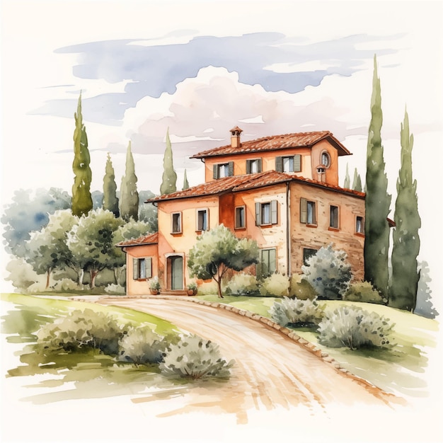 Casa de aquarela paisagem de vila da Toscana