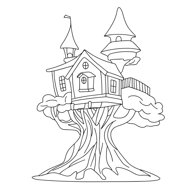 Vetor casa de árvore em estilo doodle casa de contorno desenhada à mão na ilustração vetor de árvore