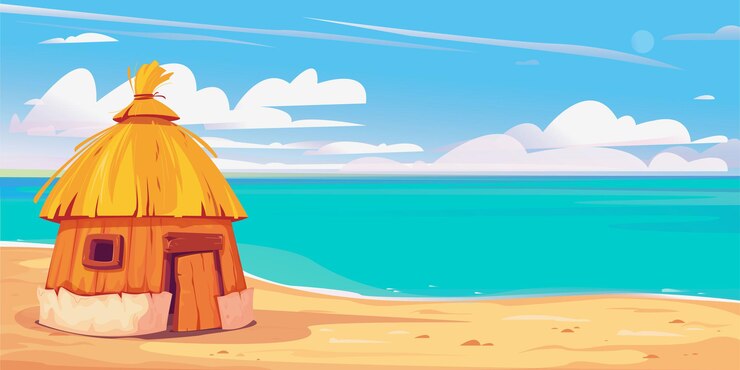 Vetor casa de bangalô na praia de areia maldivas clipart lindas nuvens fundo para viagens de cruzeiro