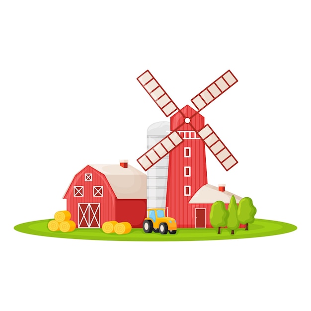 Casa de campo com moinho vermelho, celeiro de fazenda e construção de celeiro na ilustração vetorial dos desenhos animados do terreno da fazenda verde, isolada no branco. grande rancho moderno com colheita da colheita.