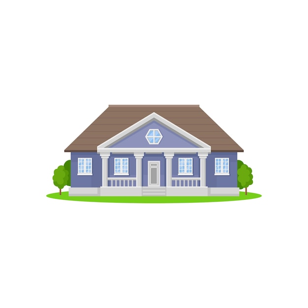Casa de campo roxa com telhado de madeira casa da família prado verde-claro e árvores no jardim da frente ícone de vetor plano de casa de campo residencial