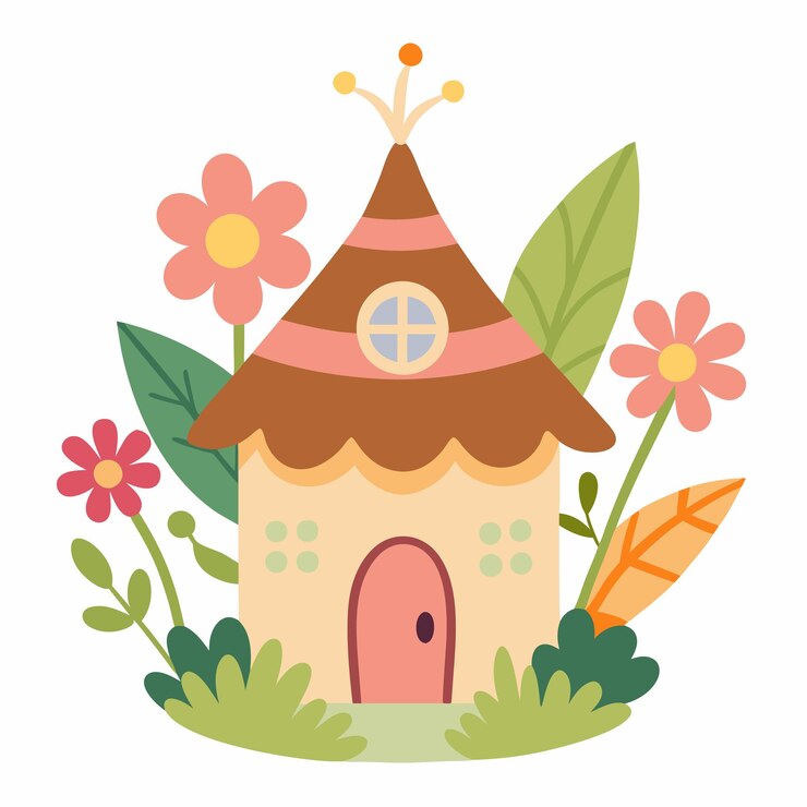 Vetor casa de conto de fadas entre grandes flores ilustração infantil ilustração plana desenhada à mão página colorida