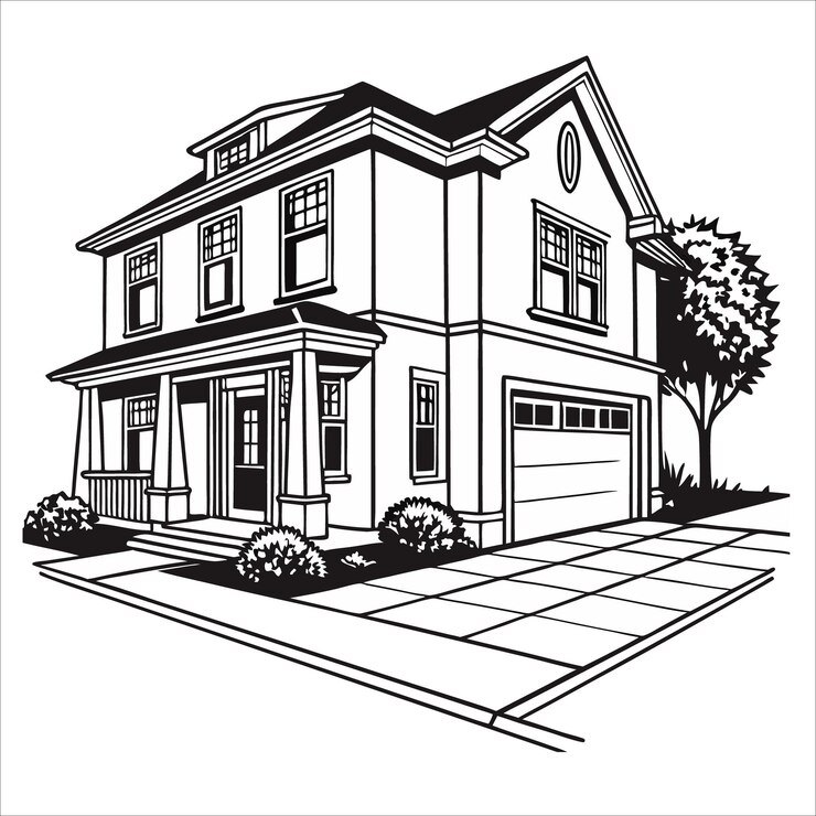 Vetor casa de dois andares com garagem e paisagismo em uma ilustração em preto e branco