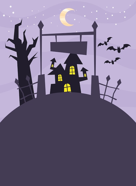 Casa de halloween com árvore à noite, tema assustador