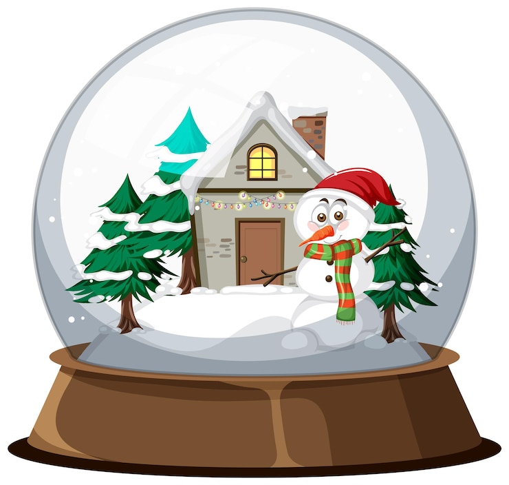 Vetor casa de inverno, boneco de neve e árvore em snowdome