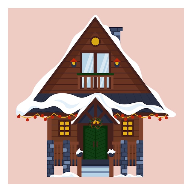 Casa de inverno com guirlanda de natal e luzes. ilustração de uma casa em uma paisagem de neve