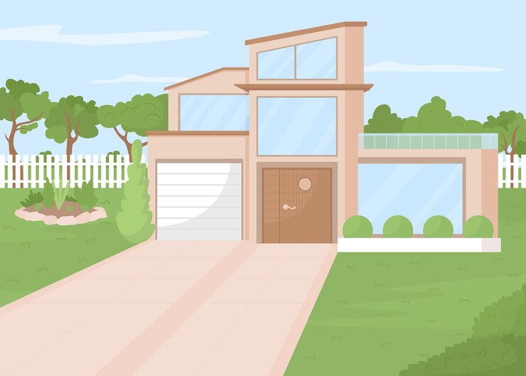 Vetor casa de luxo com ilustração vetorial de cor plana de jardim projeto residencial espaço ao ar livre encantador imóveis casa com jardim grande 2d paisagem simples dos desenhos animados com árvores no fundo