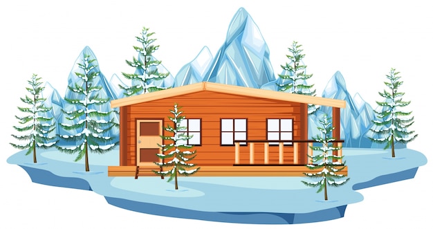 Vetor casa de madeira no campo de neve
