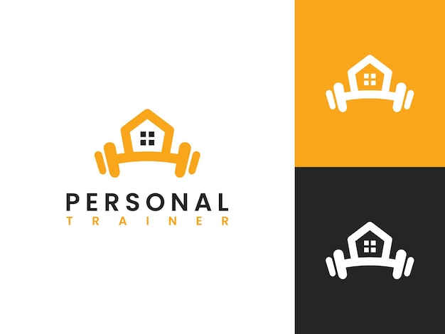 Casa de modelo de logotipo de personal trainer e conceito de haltere