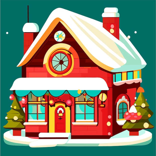 Vetor casa de natal com neve desenhada à mão plana elegante adesivo de desenho animado conceito de ícone isolado
