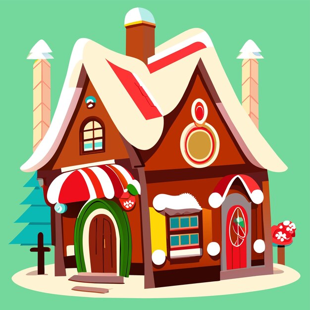 Casa de natal de inverno com neve desenhada à mão plana e elegante adesivo de desenho animado conceito de ícone isolado