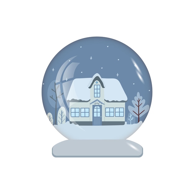 Casa de natal em uma tigela de vidro, globo de neve, ilustração de inverno em estilo escandinavo