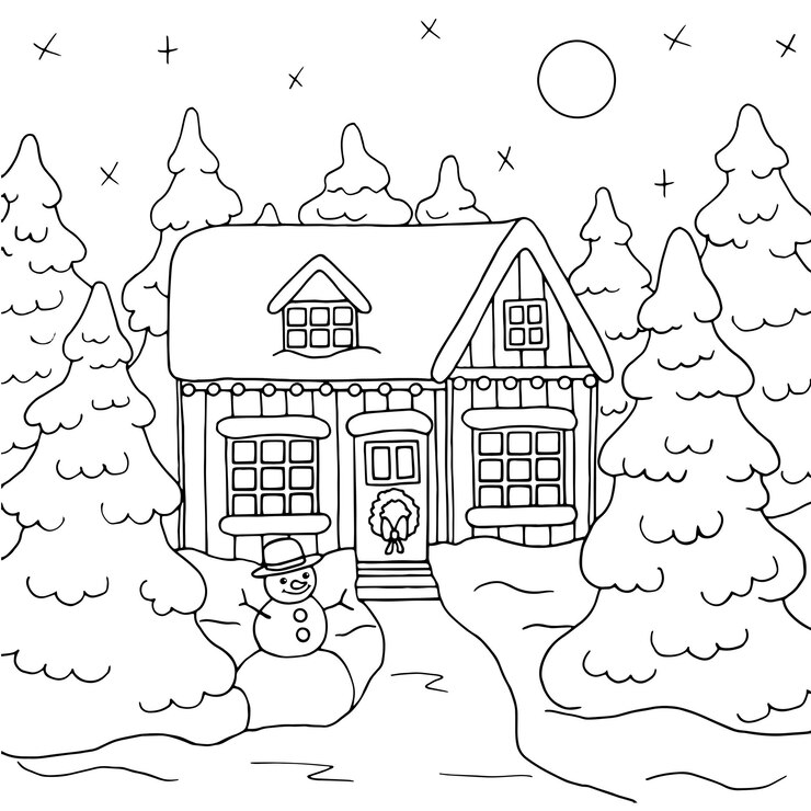 Vetor casa de natal na floresta de inverno, abetos e um boneco de neve, página para colorir. ilustração vetorial