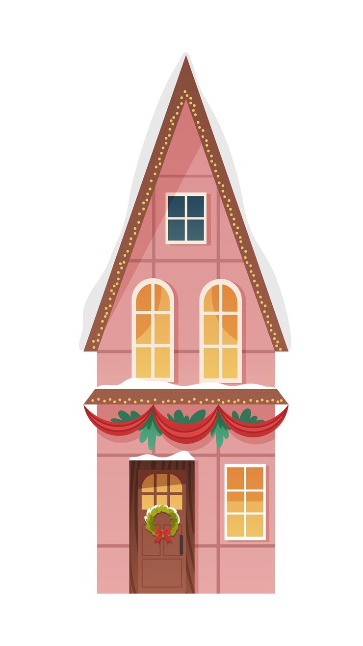 Vetor casa de neve vintage com luzes de natal e coroa de flores elemento vetorial em fundo branco